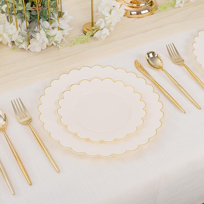 supernal 100pcs Ivory Plastic Plates,Gold Scalloped Disposable Plates,Heavy Duty Plastic Plate Including 50pcs Ivory Dinner & Dessert Plate,Fancy Disposable Platos Perfect for Party,Wedding,Birthday