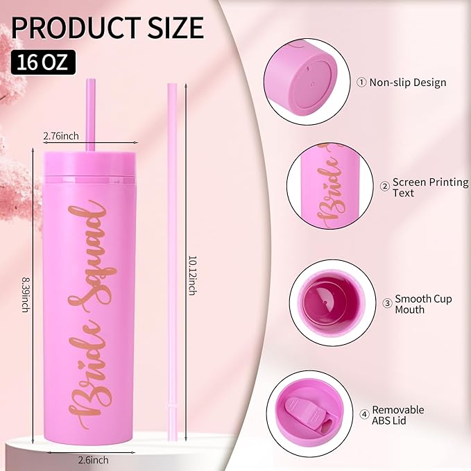 10 Pack Bride to Be Skinny Tumbler | 16 oz Bride & Squad Tumblers | Bachelorette Party Cups & Games (Pink)