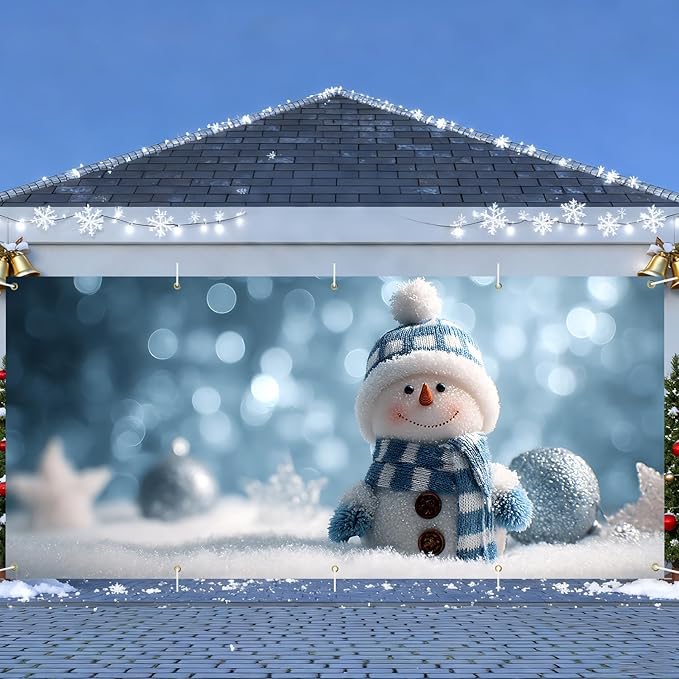 Christmas Garage Door Banner 7x16FT Snowman Winter Scene, Cute Holiday Garage Door Cover for Outdoor Xmas Decorations & Driveway Displays