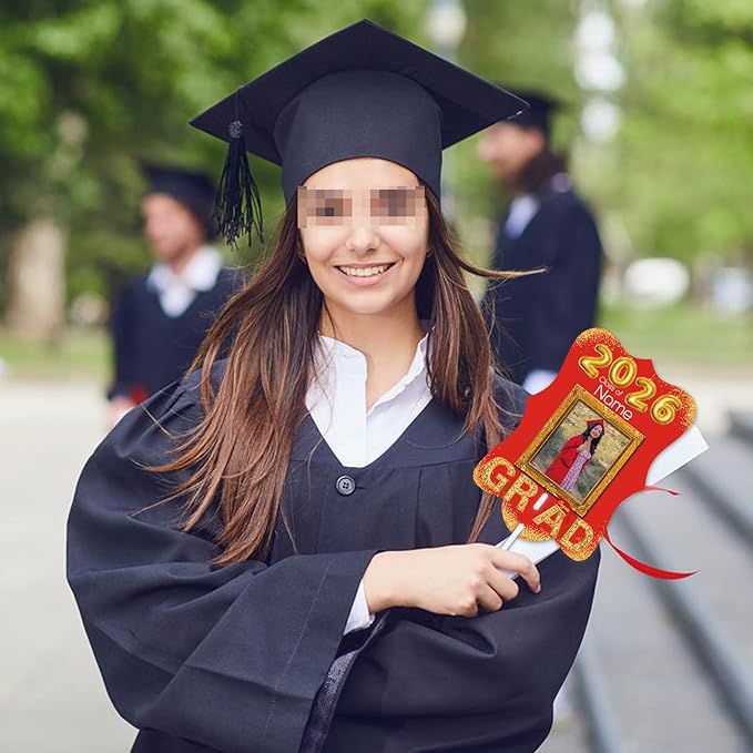 Personalized Graduation Double Sided Face Fan Class of 2026 Customized Graduation Head Face Cutout with Handle Fun Photo Prop Supplies(A-Red and Gold,12pcs)