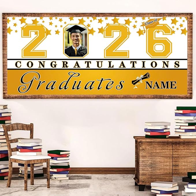 Custom Photo Graduation Garage Door Banner Personalized 2026 Grad Banner 7x16ft Porch Door Sign Decoration Outdoor Photo Booth Backdrop Party Supplies(Yellow and White)