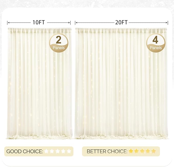 30x8ft Ivory Tulle Backdrop Curtain with Lights String for Parites, Sheer Photo Backdrop Curtains with Lights for Wedding Backdrop Ceremony Reception Bridal Shower Baby Shower Birthday Party