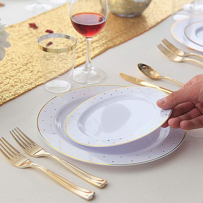 supernal 200pcs Gold Plastic Plates,Disposable Plates For Parties,Disposable Gold Plastic Silverware 40 Dinner Plates,40 Salald Plates,40 Knives,40 Forks,40 Spoons,Perfect for Birthday,Party,Wedding