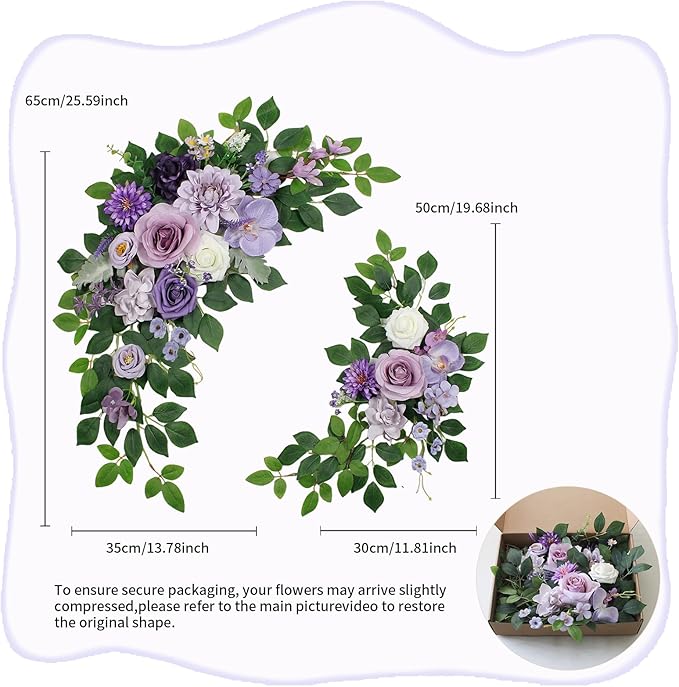 Pack of 2 Wedding Arch, Artificial Flowers, Wedding Decor，Flower Garland Be Suited to Banquet, Party, Reception Entrance Welcome Sign and Background Decoration (Purple)