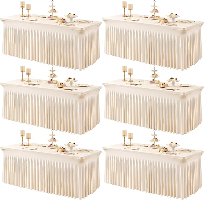 6 Packs Light Champagne Table Clothes for 6 Foot Rectangle Tables, One-Piece Wrinkle Resistant Stretch Spandex Table Covers with Skirt for Event Banquet Wedding Birthday Party