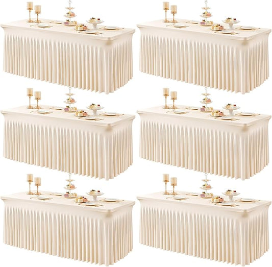 6 Packs Light Champagne Table Clothes for 6 Foot Rectangle Tables, One-Piece Wrinkle Resistant Stretch Spandex Table Covers with Skirt for Event Banquet Wedding Birthday Party