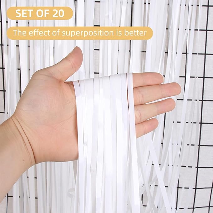20 Pack White Foil Fringe Curtains 3.2ft x 9.8ft Foil Curtain Backdrop Metallic Tinsel Curtains Streamer Photo Booth Backdrop for Birthday Party Engagement Bachelorette Party Decorations