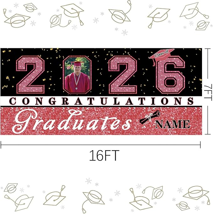 Custom Photo Graduation Garage Door Banner Personalized 2026 Grad Banner 7x16ft Porch Door Sign Decoration Outdoor Photo Booth Backdrop Party Supplies(Rose Gold Pink)