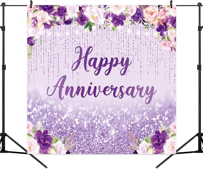 8x8ft Happy Anniversary Backdrop, Floral Glitter Backdrop for Women Wedding Anniversary Decoration Violet and Pink Flowers Photography Background Cake Table Banner Party Decor