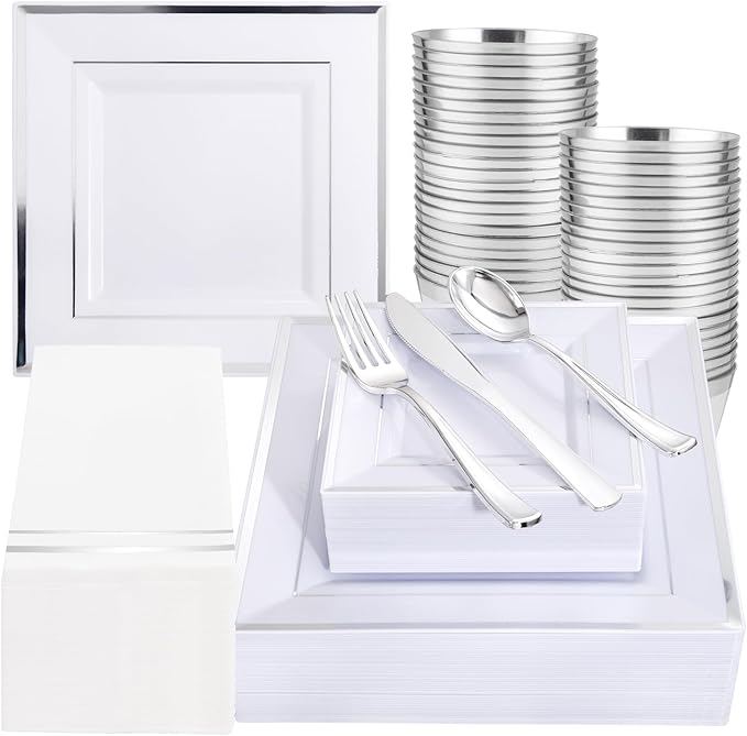 Festiva 350Pcs Silver Plates - Silver Square Plastic Plates 9 .5" and 6" - serve for 50 guests include 50 Cups 50Plastic Cutlery 50Hand Napkins Perfect for Party&Wedding&Birthday
