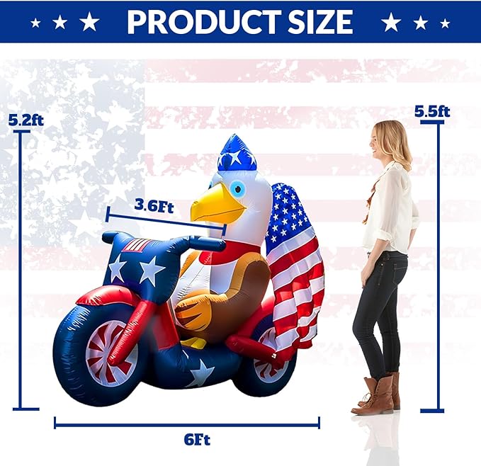 Patriotic Inflatable 5FT Eagle Sitting on Motorcycle 4th of July Inflatable Yard Decorations Outdoor Holiday LED Blow up Decor for American Decorations Advertising Business Promotion