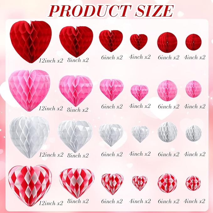 48 Pcs Valentine's Day Paper Heart Shaped Honeycomb Party Decorations Red Pink White Color Blocking Round Heart Tissue Paper Pom Poms for Birthday Wedding Decorations, 5 Size