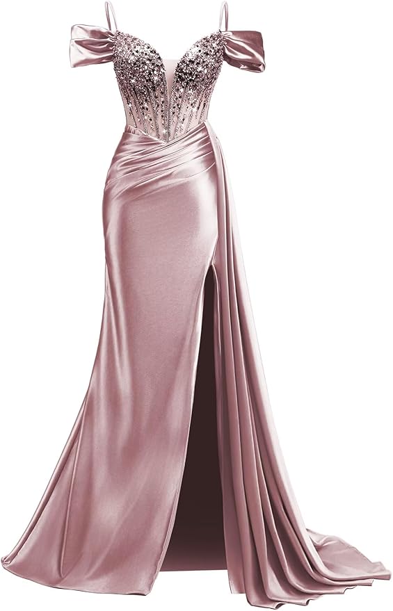 Rjer Off The Shoulder Satin Prom Dresses Long with Slit Tail 2026 Sequin Beaded Pleated Evening Ball Gown for Women Formal