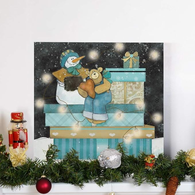 Renditions Gallery Snowman and Teddy Bear Wall (2) Art, Christmas & Winter Decor, Cute Pile of Presents, Premium Gallery Wrapped Canvas, Ready to Hang, 40 in H x 40 in W, Made in America