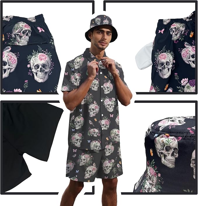 Men's Hawaiian Shirt and Shorts Set 2 Piece Beach Outfits with Bucket Hats for Beach Days and Summer Vibes
