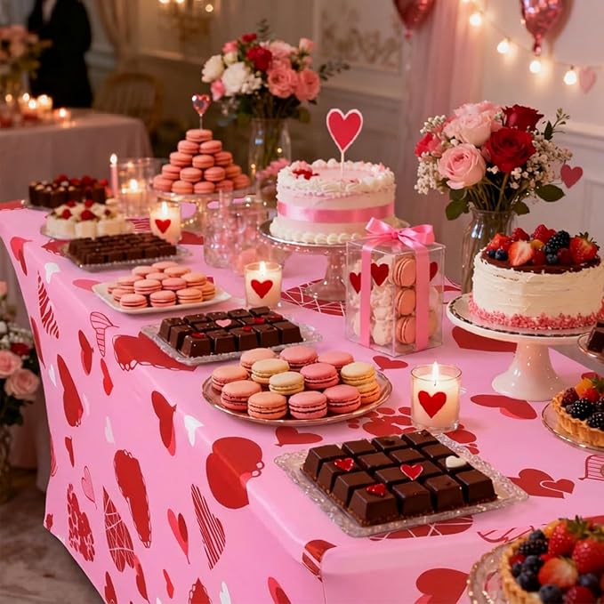 Oudain 2 Pcs Valentine's Day Stretch Table Cover 6 Feet Pink Heart Valentine's Day Spandex Table Clothes Sport Theme Party Decorations for Holiday Party Celebration Picnic Dinner Decor