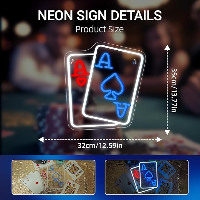 Gamerneon Playing Cards Neon Sign Poker Neon Signs for Wall Decor Led Neon Light Blue Red Texas Hold 'em Double A Sign for Bedroom Casino Party Bar Play Room Decor