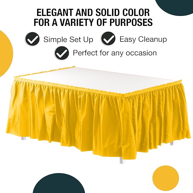 Exquisite Ruffle Table Skirt Yellow 12 Pack 14 Ft Long for Rectangle 6ft Plus or Round Tables With Adhesive Strip for Gender Reveal Decor & Happy Birthday Parties
