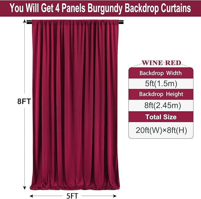 20ft×8ft Wrinkle Free Burgundy Backdrop Curtain for Parties, 4 Panels 5×8ft Soft Silky Polyester Wine Red Photo Backdrop Drapes for Wedding Birthday Christmas Photography Back Drop Cloth