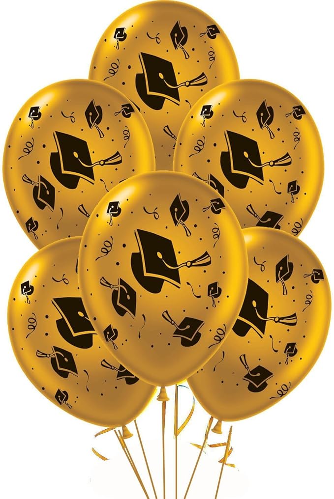 PMU100 Pcs Metallic Gold Graduation Balloons Class of 2025 with All-Over Print White Grad Caps-Confetti and Streamers | Graduation Party Supplies | Congratulations Grad Latex Balloons Latex