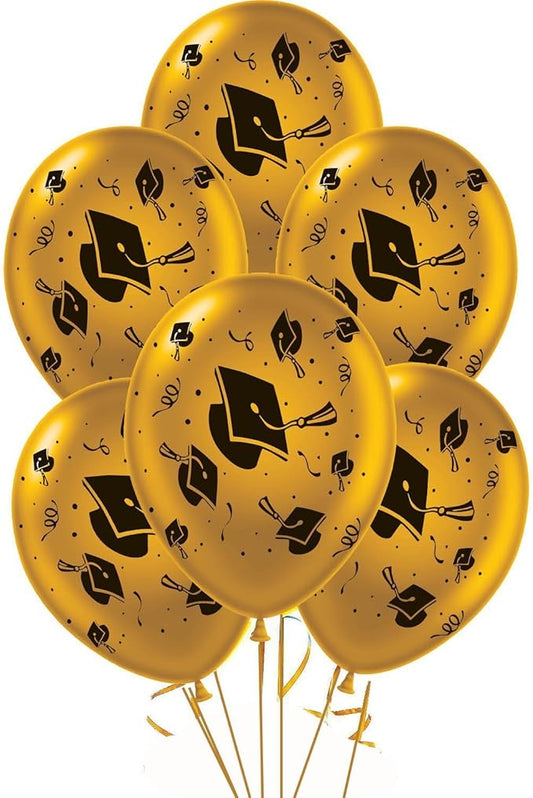 PMU100 Pcs Metallic Gold Graduation Balloons Class of 2025 with All-Over Print White Grad Caps-Confetti and Streamers | Graduation Party Supplies | Congratulations Grad Latex Balloons Latex