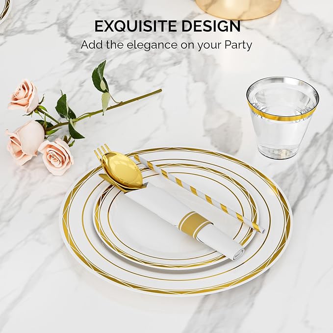 ROVSUN 400 Pieces Gold Disposable Dinnerware Set 50 Guests,Elegant Plastic Plates for Party Wedding, 50 Pre Rolled Napkins with Silverware, 50 Dinner Plates, 50 Dessert Plates, 50 Cups, 50 Straws