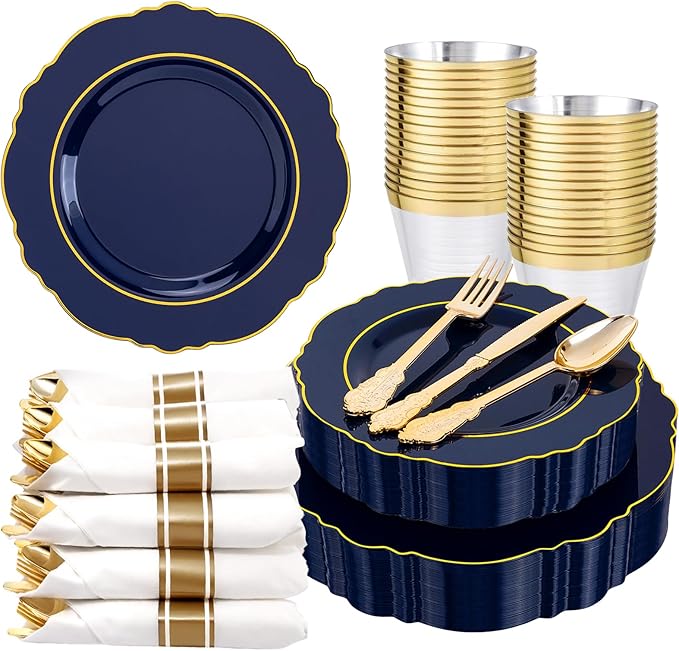 Liacere 175PCS Navy Blue Plastic Plates-Disposable Blue Gold - 25guest Baroque Plastic Dinnerware include 50Plates,25Pack Pre Rolled Napkins with Silverware 25Cups for Wedding &Father's Day&New Year
