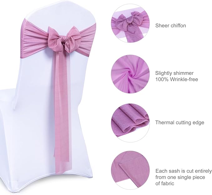VDS Pack of 75, Mauva, Sheer Chiffon Chair Sashes Bows Chair Cover Back Tie Ribbon for Wedding Birthday Baby Shower Engagement Ceremony Event Party Banquet Restaurant Dining Chair Decoration