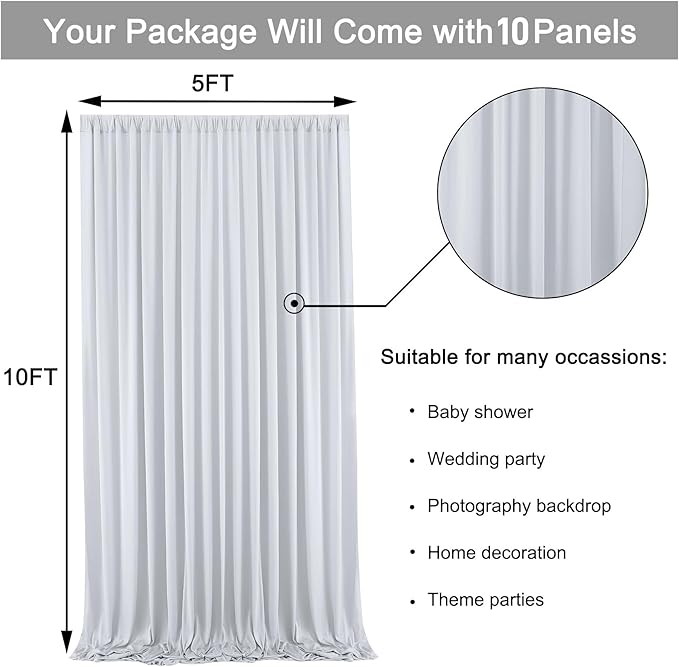 50 ft x 10 ft Wrinkle Free Silver Backdrop Curtain for Parties, Polyester Silver Grey Backdrop Drapes 10 Panels 5x10ft for Baby Shower Photoshoot Engagement Wedding Birthday Photography Background