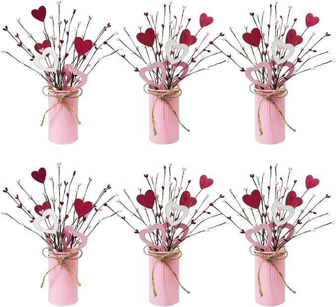TORONTOKYO Valentines Day Decor, 6 Pack Valentine's Day Artificial Potted Plant Heart Shaped Valentines Day Picks with Berries Metal Pot for Home Office Table Centerpiece Decor
