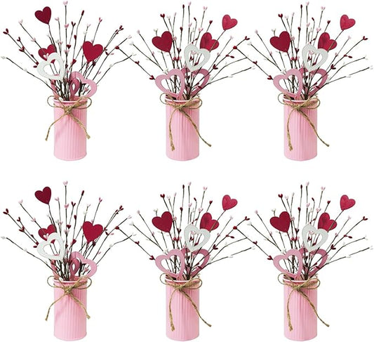 TORONTOKYO Valentines Day Decor, 6 Pack Valentine's Day Artificial Potted Plant Heart Shaped Valentines Day Picks with Berries Metal Pot for Home Office Table Centerpiece Decor