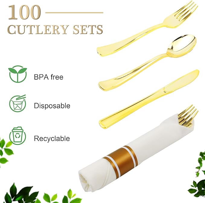 400 PCS Pre Rolled Napkin and Cutlery Set, Gold Plastic Flatware Sets Wrapped in Napkin, Disposable Cutlery Set with 100 Forks, 100 Knives, 100 Spoons, 100 Napkins for Wedding, Party，Dinner