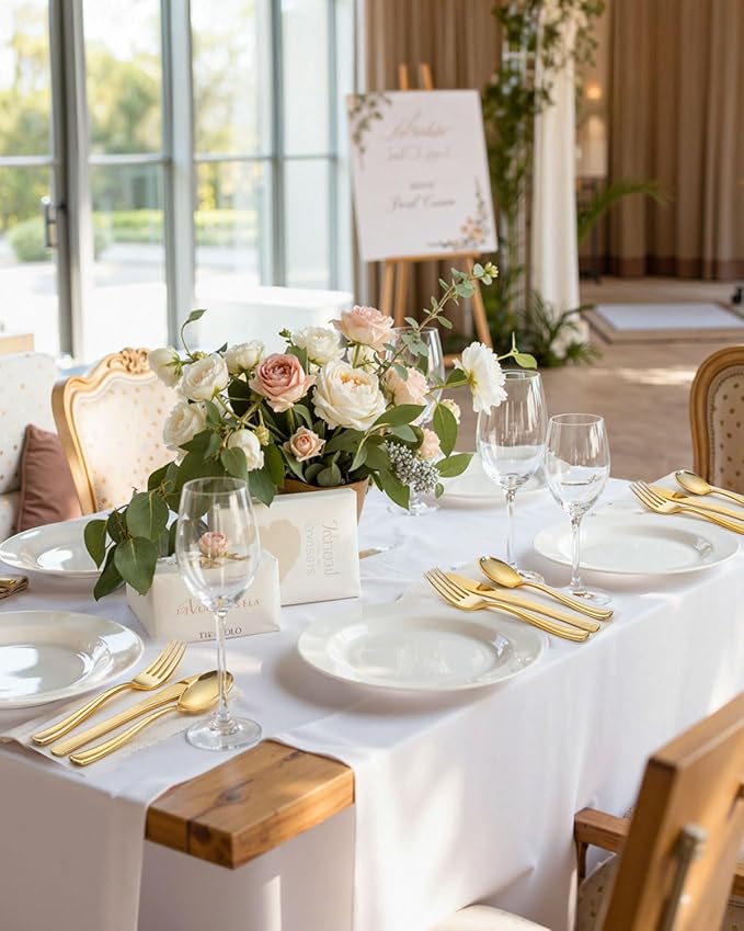 bUCLA 600 Pieces Gold Plastic Silverware - Disposable Gold Utensils - Heavy Duty Plastic Cutlery set- 200 Forks, 200 Spoons, 200 Knives for Party & Wedding