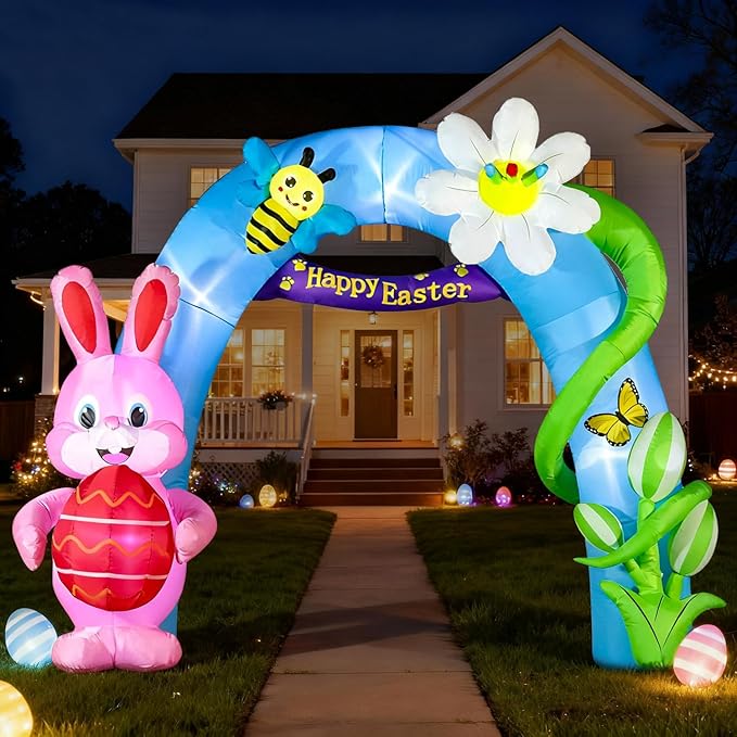 Domkom 12FT Long Huge Easter Inflatable Bunny Archway Outdoor Decorations,Build-in LED Lights Holiday Blow Up Yard Decoration, for Easter&Spring, Outdoor,Garden, Yard Lawn Décor