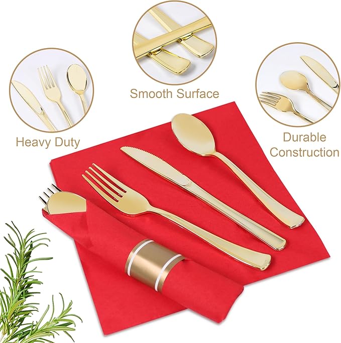 400 PCS Pre Rolled Cutlery Sets, Premium Gold Plastic Flatware Set Wrapped in Red Napkin, Disposable Cutlery Set with 100 Forks, 100 Knives, 100 Spoons, 100 Napkins for Upscale Wedding, Party, Dinner