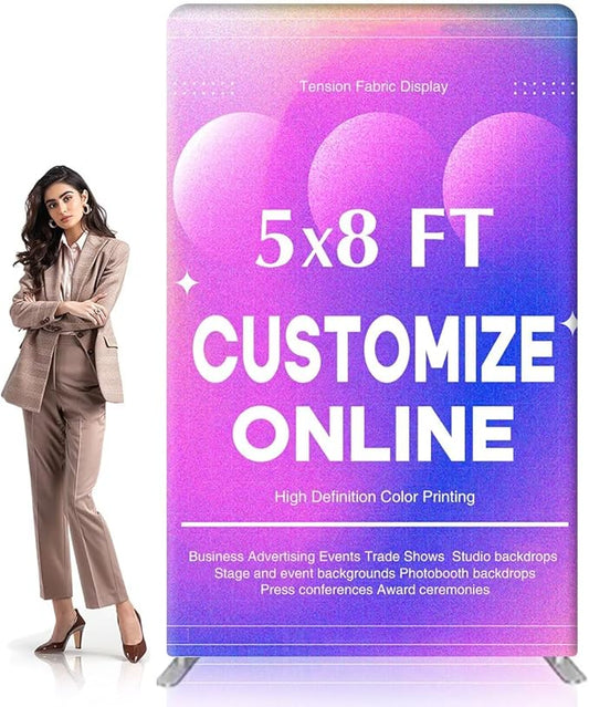 5x8 FT Custom Tension Fabric Backdrop Banner Stand, HD Banner Printing Online Design Tension Fabric Display Stand, Large Portable Trade Show Display Booth for Business, Corporate, Wedding, Mall