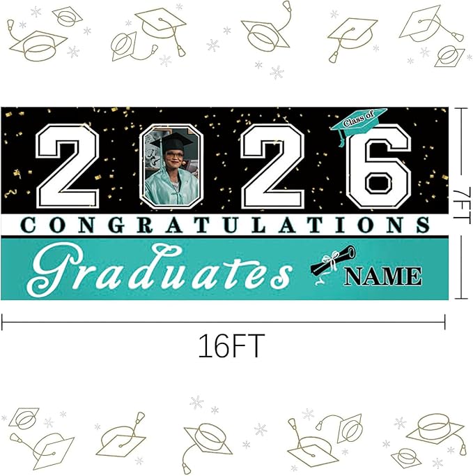 Custom Graduation Garage Door Banner Decoration 7x16ft with Photo Congrats Garage Door Cover 2026 Party Photo Booth Backdrop Party Supplies(Peacock Blue)
