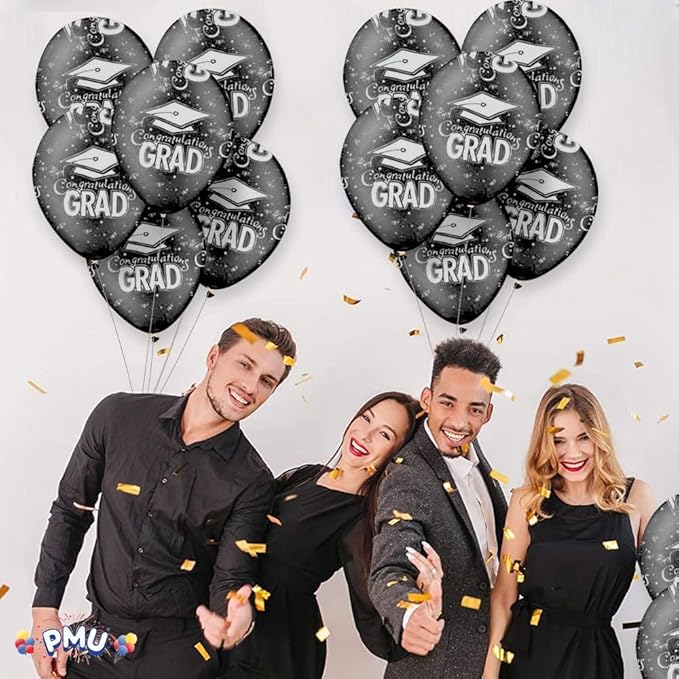 PMU 100 Pcs Black Graduation Balloons Class of 2026 with All-Over Print White Grad Caps-Confetti and Streamers | Graduation Party Supplies | Congratulations Grad Latex Balloons Latex