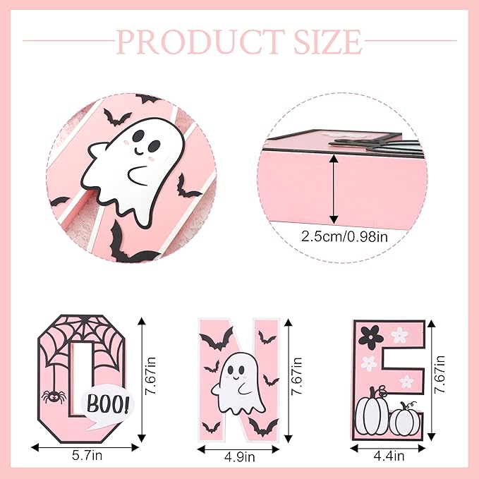 Halloween Wooden ONE Sign - Pink Halloween Boo Wooden Centerpiece Table Decoration, Halloween Decorations Indoor ONE Letter, Baby Girl Birthday Supplies.