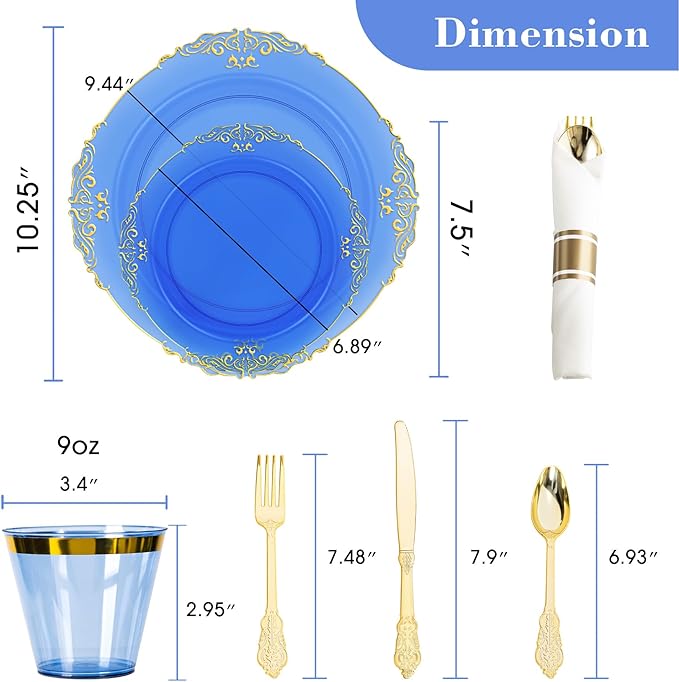 350PCS Gold and Blue Plastic Plates, Gold Plastic Dinnerware Sets for 50 Guests, 100 Disposable Plates, 150 Silverware, 50 Cups, 50 Napkins for Party and Wedding