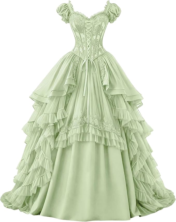 Ftupza Gothic Wedding Dresses Lace Appliques 1800s Victorian Dresses for Women Layered Tulle Prom Dress Long Ball Gown