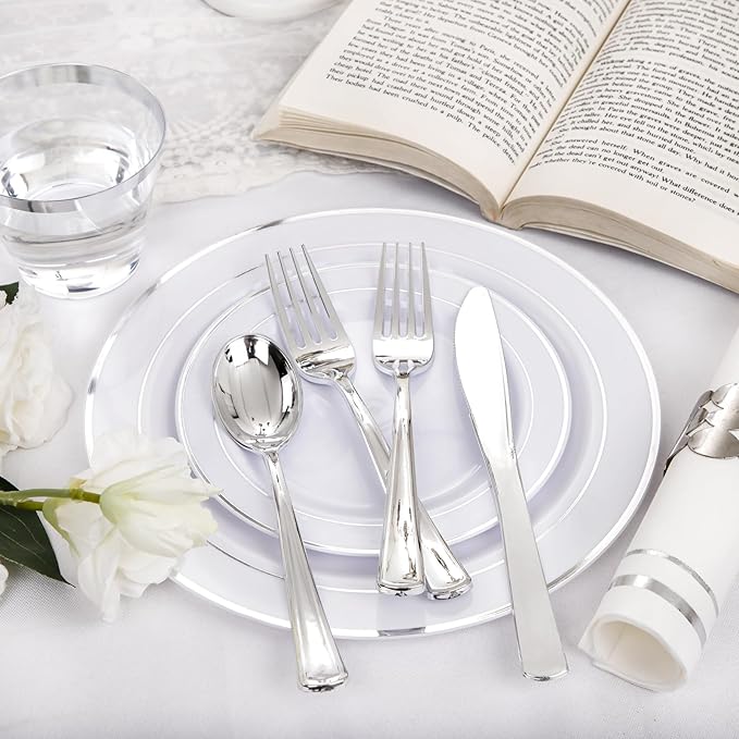 NOCCUR 700PCS Silver Plastic Plates Disposable for 100 Guests - Include 100 Dinner/Dessert White Plastic Plates with Silver Trim,300 Cutlery,100 Cups,100 Napkins for Party&Wedding