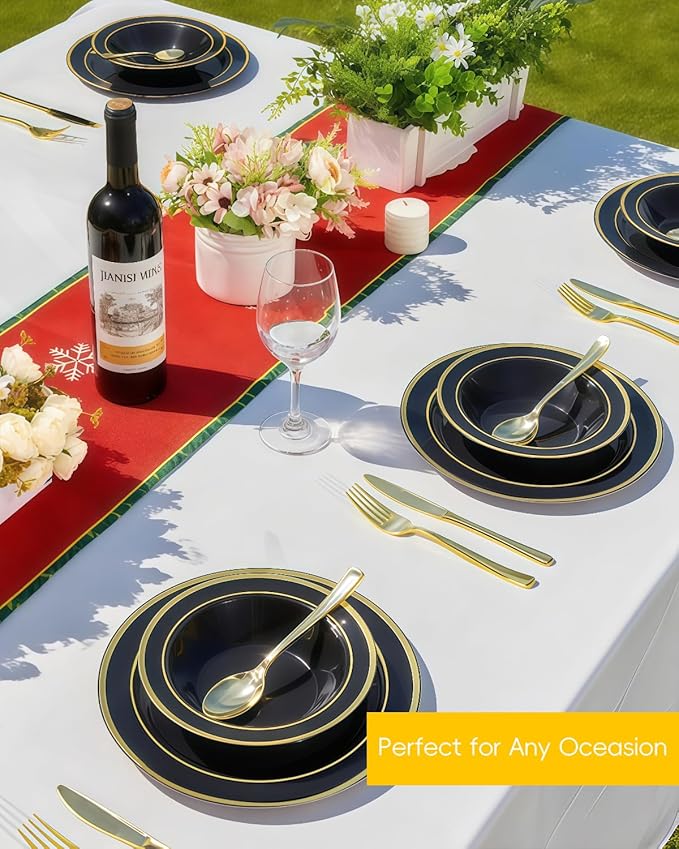 BESTSTAR 100 Pack Black Disposable Bowls with Gold Rim, 12oz Black Plastic Soup Bowls for Party, Wedding, Holiday,And Halloween