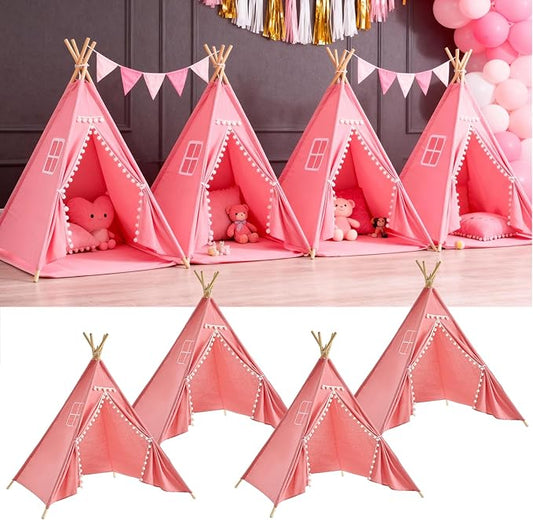 4 Pack Teepee Tent for Kids Slumber Party, Cotton Playhouse Tipi Sleepover Tent with Pompom & Lights for Girls & Boys Movie Night Birthday Party Supplies