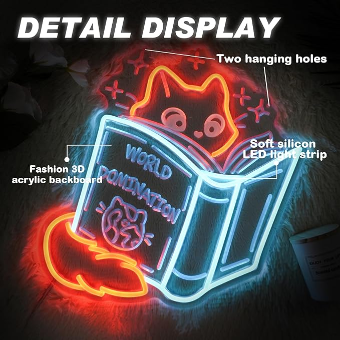 Books and Cat Neon Sign, Fox Reading Sign 3D Carving Led Light, Funny Cat Read Book Decoration, Library Wall Art, Book Store Decor, Gift For Kid, 14.6"x13"