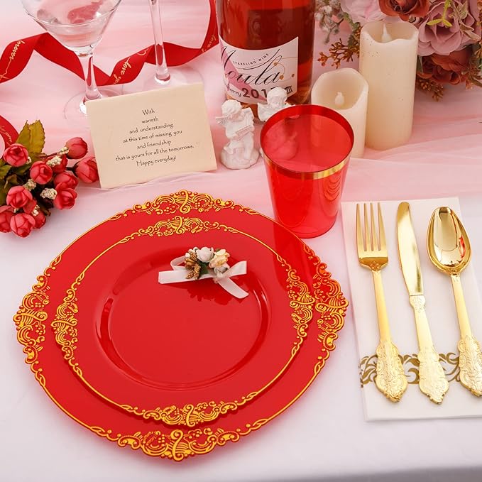 Morejoy 175PCS Red Plastic Plates,Red Disposable Plates With Gold Rim,Red and Gold Plastic Dinnerware Set Includes: 50 Plates,25 Silverware Sets,25 Cups,25 Napkins,Perfect for Party,Wedding,Christmas