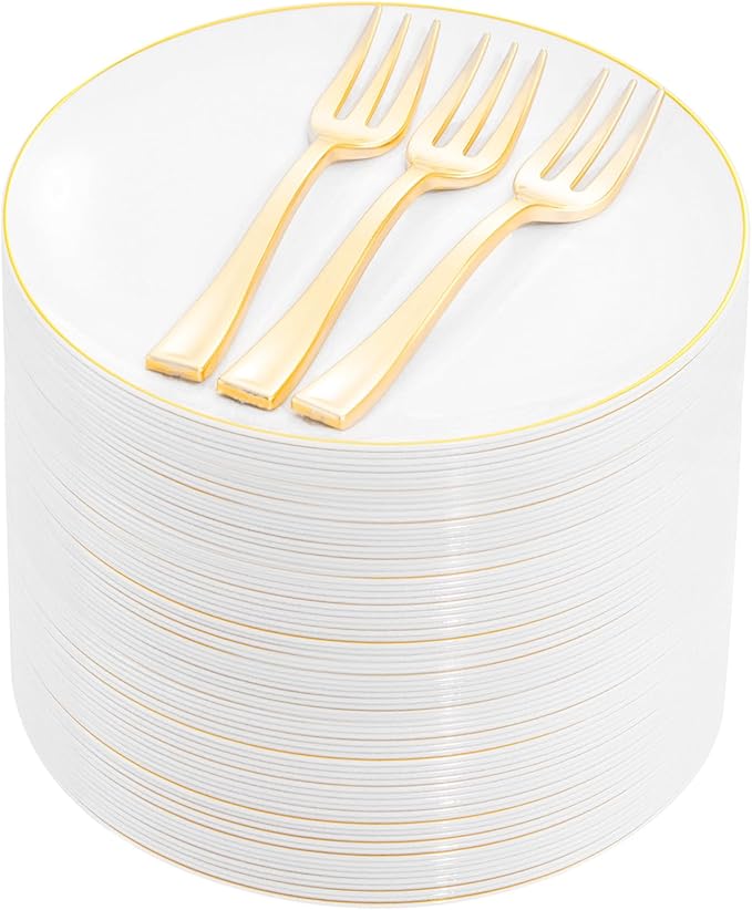 Festiva 200Pcs Gold Dessert Plates 6.3" with Forks 5"- Small Disposable Dessert/Cake/Appetizer Plates Plates- serve 100 guests include 100Plates 100Forks for Wedding & Easter Party &Valentine's Day