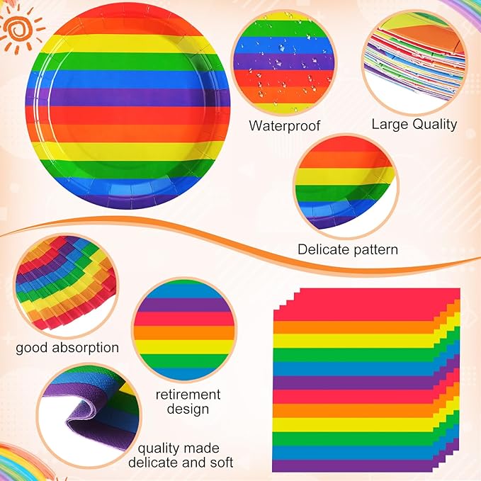 452 Pcs Rainbow Pride Party Decorations Include Rainbow Disposable Paper Plates Napkins Cups Tablecloth Cutlery Straws Colorful Stripe Party Supplies for Birthday Graduation Pride