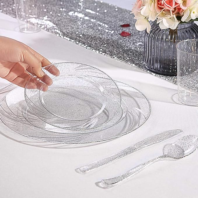WDF 150pcs Silver Plastic Plates Disposable - Winter Wonderland Party Decorations include 50 Dinner And Salad Plates,25 Forks, 25 Knives, 25 Spoons& 10oz Plastic Cups
