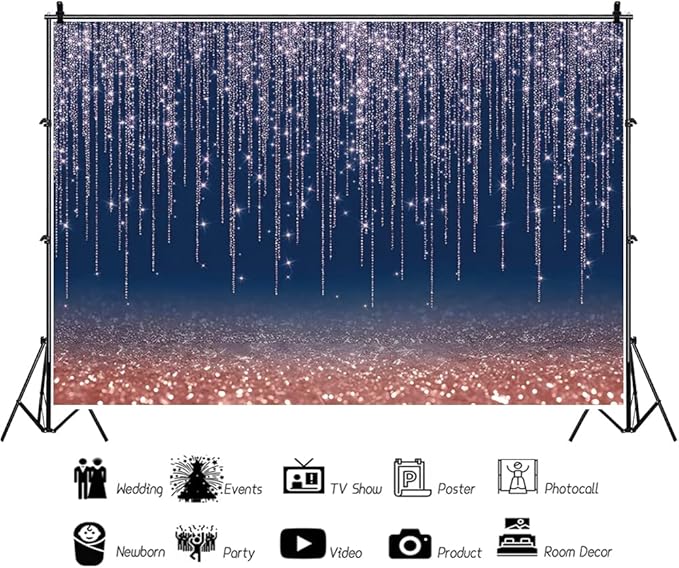 Glitter Navy Blue Backdrop 10x6.5ft Rose Gold and Blue Background for Photography Birthday Wedding Baby Shower Party Decoration Cake Table Banner Photo Booth Props